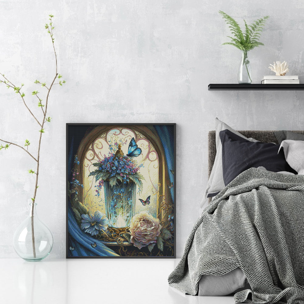 Vase And Butterflies In Garden - Full 11CT Stamped Cross Stitch 50x60CM - Huacan