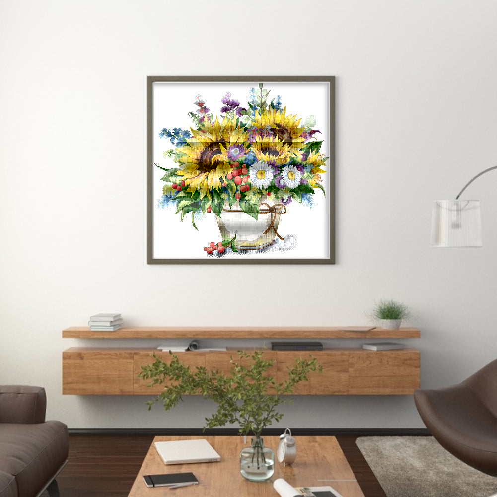 Vase With Sunflowers And Daisies - Partial 14CT Counted Cross Stitch 42x38CM - Joy Sunday Backstitch