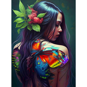 Unique Girl With Flowers And Birds On Her Back 30*40CM(Canvas) Full Round Drill Diamond Painting