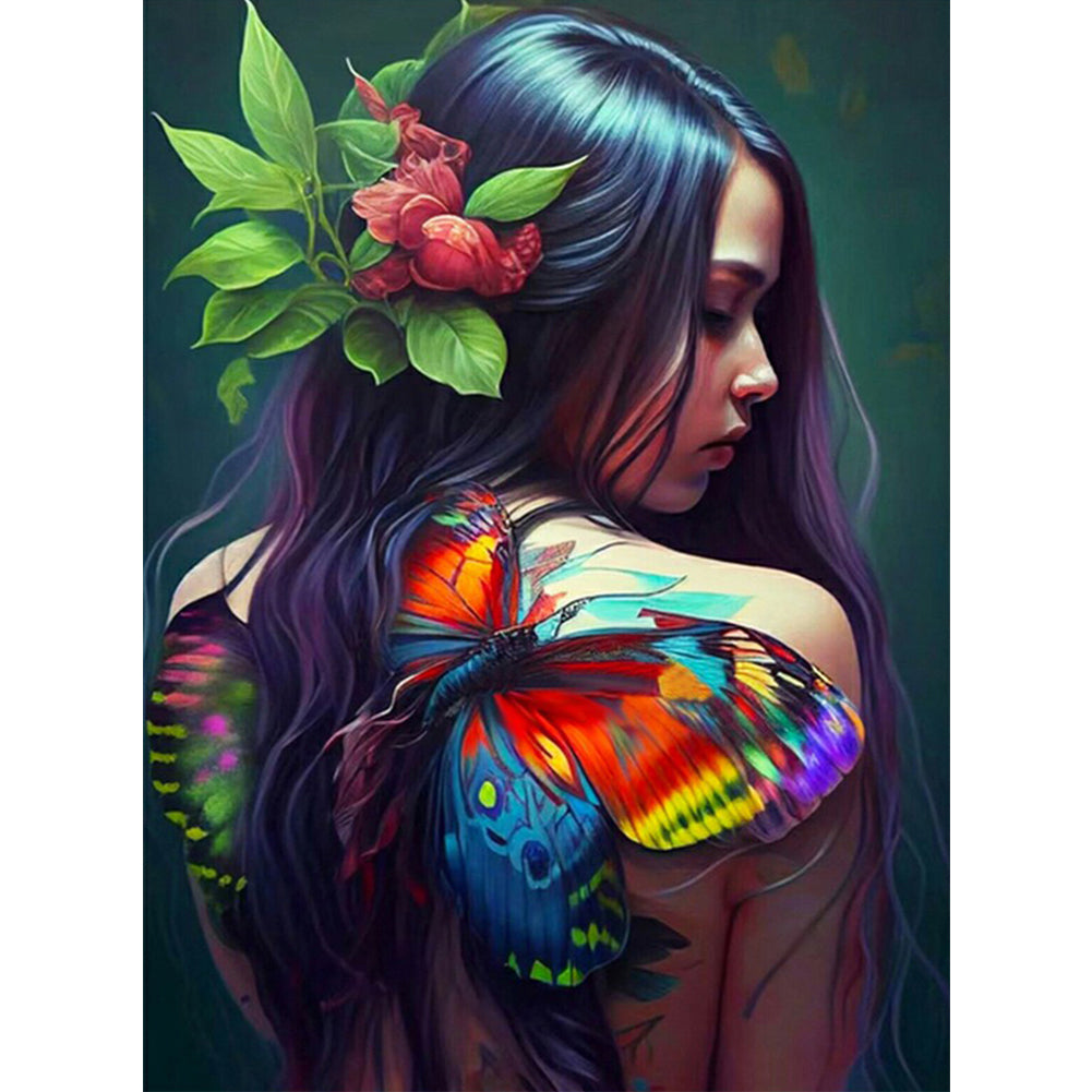 Unique Girl With Flowers And Birds On Her Back 30*40CM(Canvas) Full Round Drill Diamond Painting