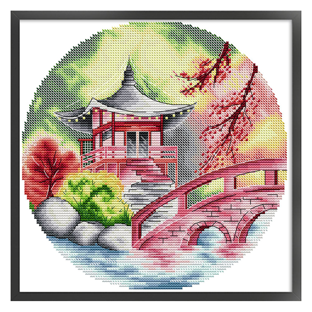 Autumn Pavilion - Partial 14CT Stamped Cross Stitch 28x28CM - Joy Sunday Backstitch