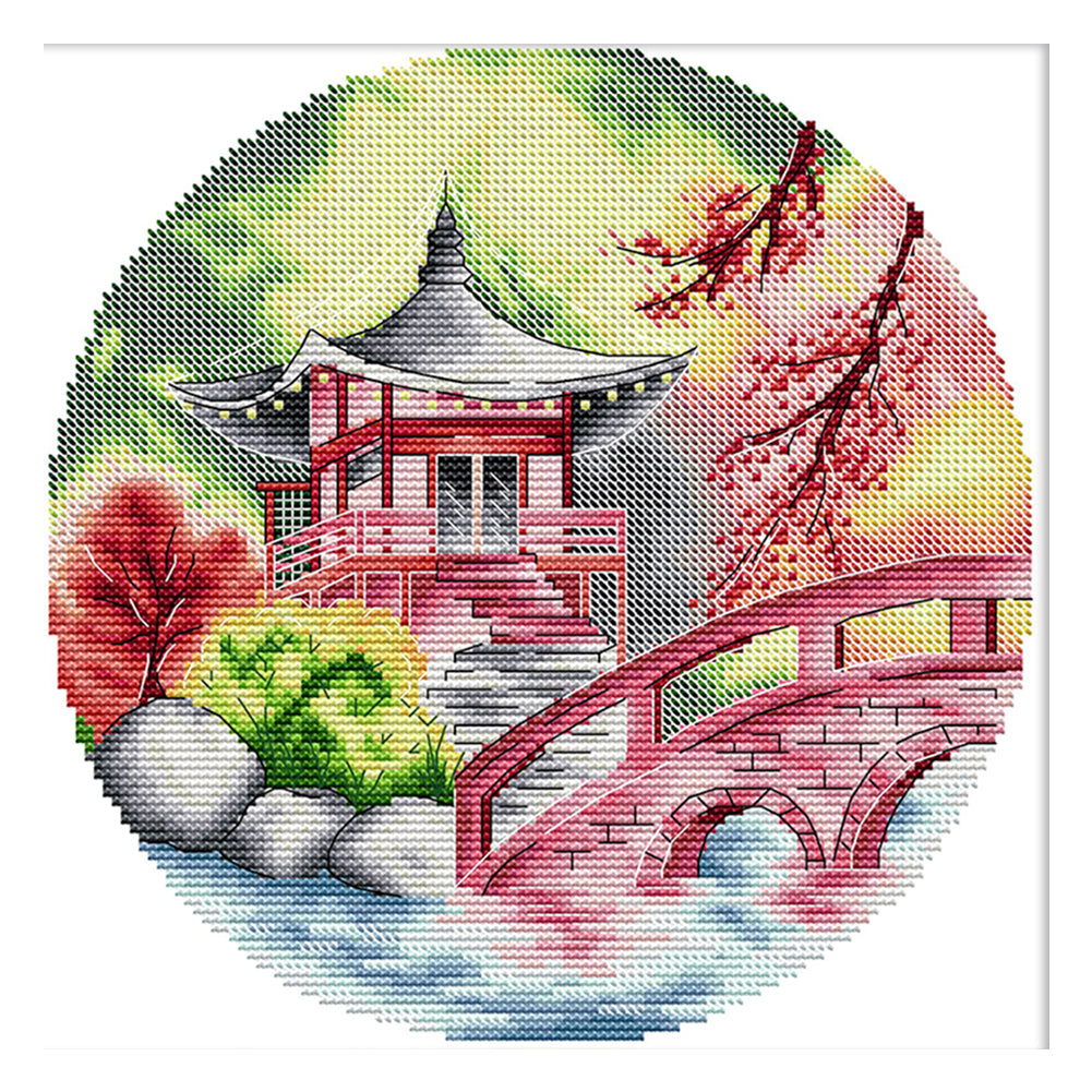Autumn Pavilion - Partial 14CT Stamped Cross Stitch 28x28CM - Joy Sunday Backstitch