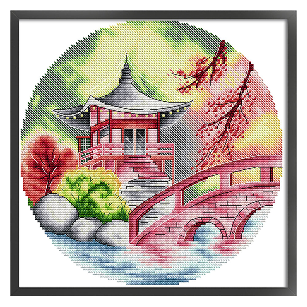 Autumn Pavilion - Partial 14CT Stamped Cross Stitch 28x28CM - Joy Sunday Backstitch