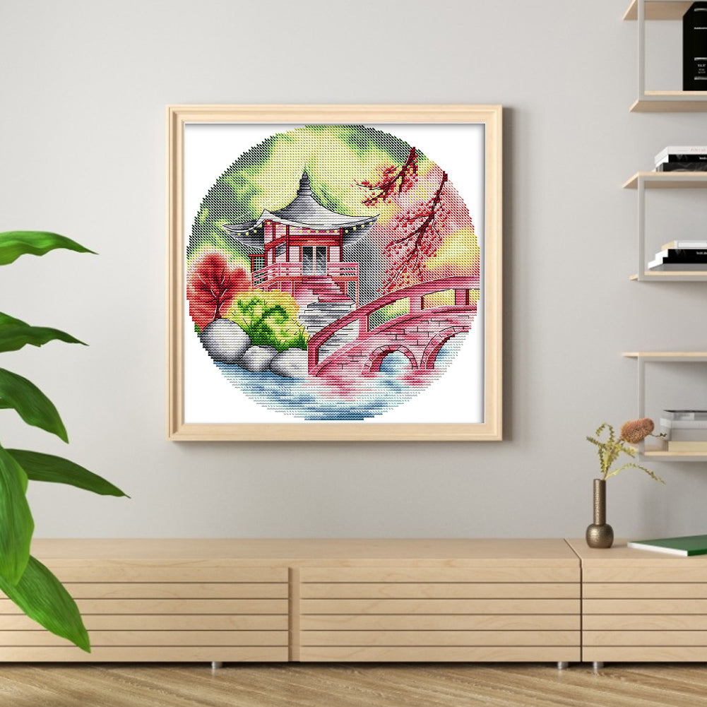 Autumn Pavilion - Partial 14CT Stamped Cross Stitch 28x28CM - Joy Sunday Backstitch