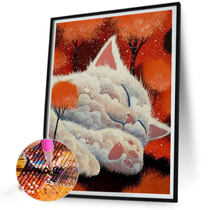 Cat Fairy Taking A Nap In A Red Tree 30*40CM(Canvas) Full Round Drill Diamond Painting