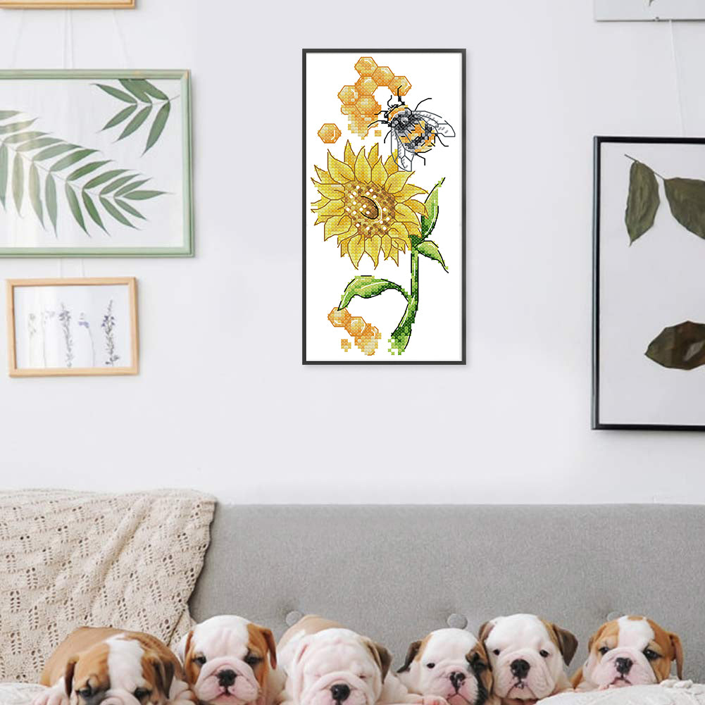 Bees And Sunflowers - Partial 14CT Stamped Cross Stitch 13x22CM - Joy Sunday Backstitch