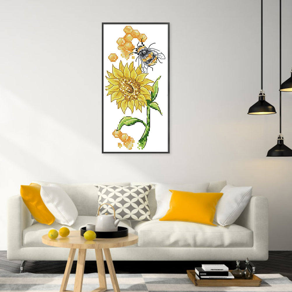 Bees And Sunflowers - Partial 14CT Stamped Cross Stitch 13x22CM - Joy Sunday Backstitch