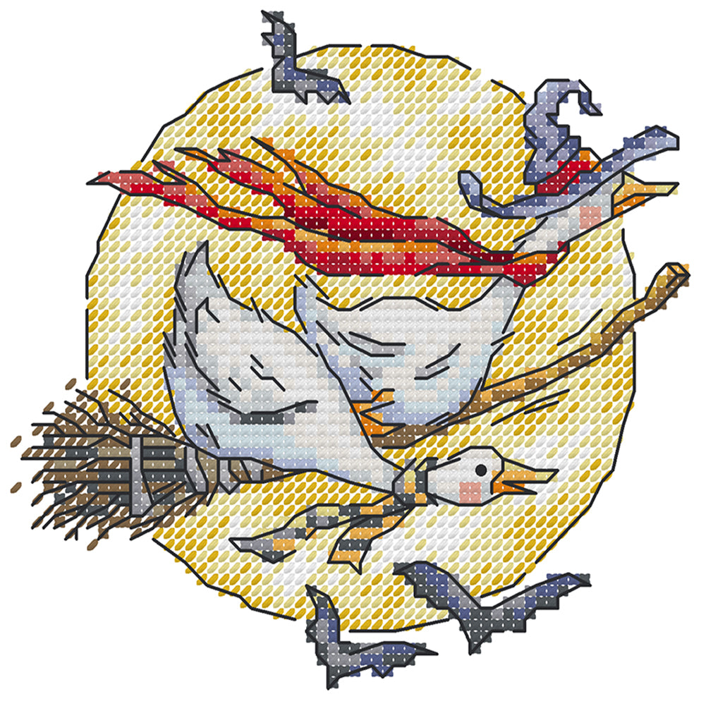 Riding On Broomstick - Partial 14CT Stamped Cross Stitch 16x16CM - Joy Sunday Backstitch