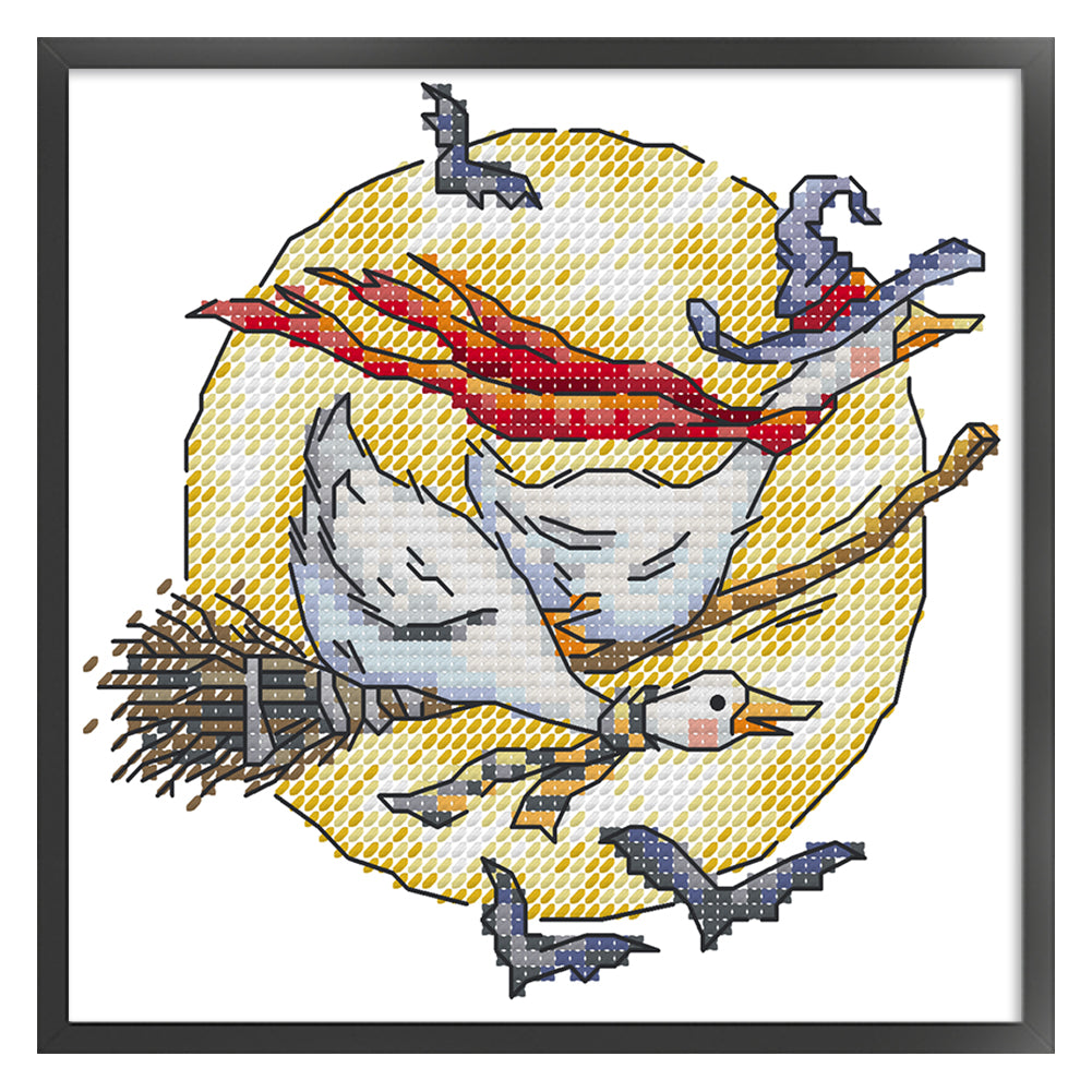 Riding On Broomstick - Partial 14CT Stamped Cross Stitch 16x16CM - Joy Sunday Backstitch