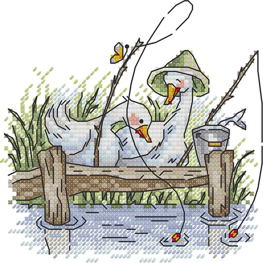 Fishing - Partial 14CT Stamped Cross Stitch 17x17CM - Joy Sunday Backstitch