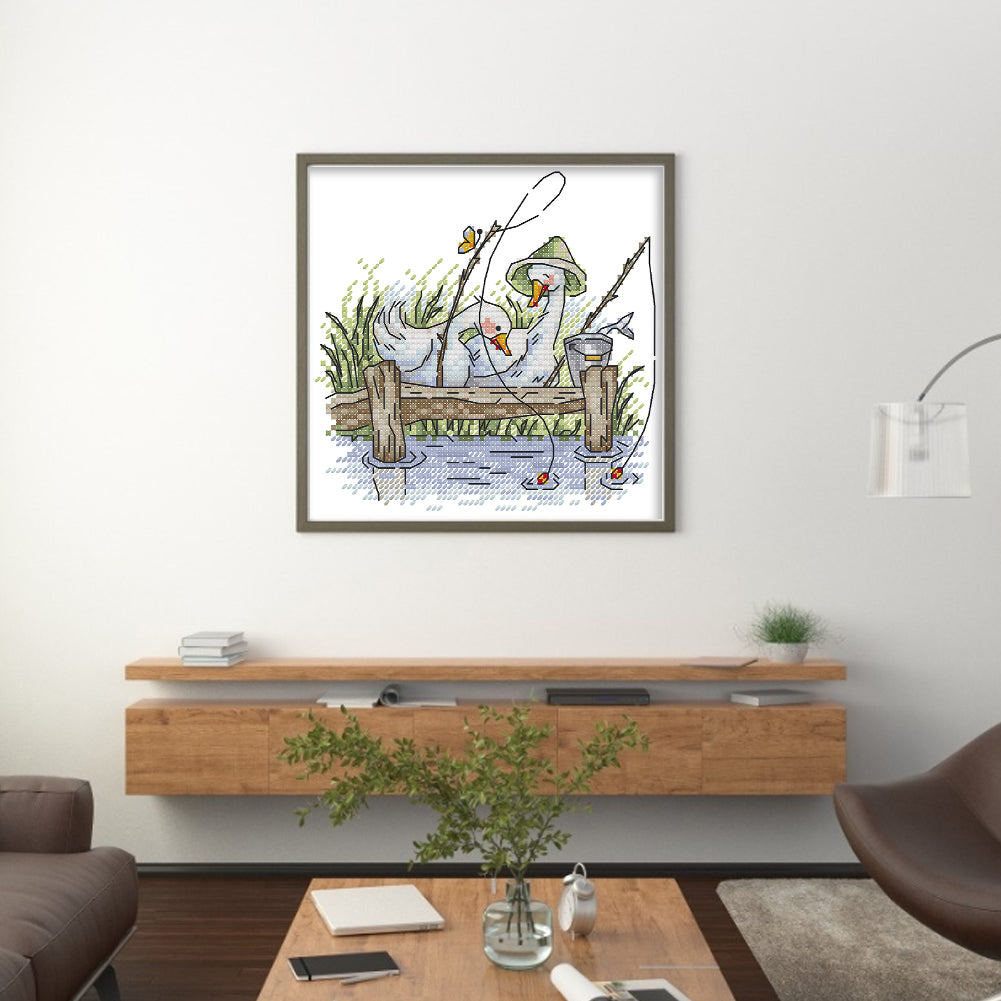 Fishing - Partial 14CT Stamped Cross Stitch 17x17CM - Joy Sunday Backstitch