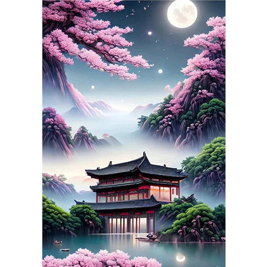 Ancient Style Small House Under Cherry Blossoms - Full 11CT Stamped Cross Stitch 30x43CM - Yishu