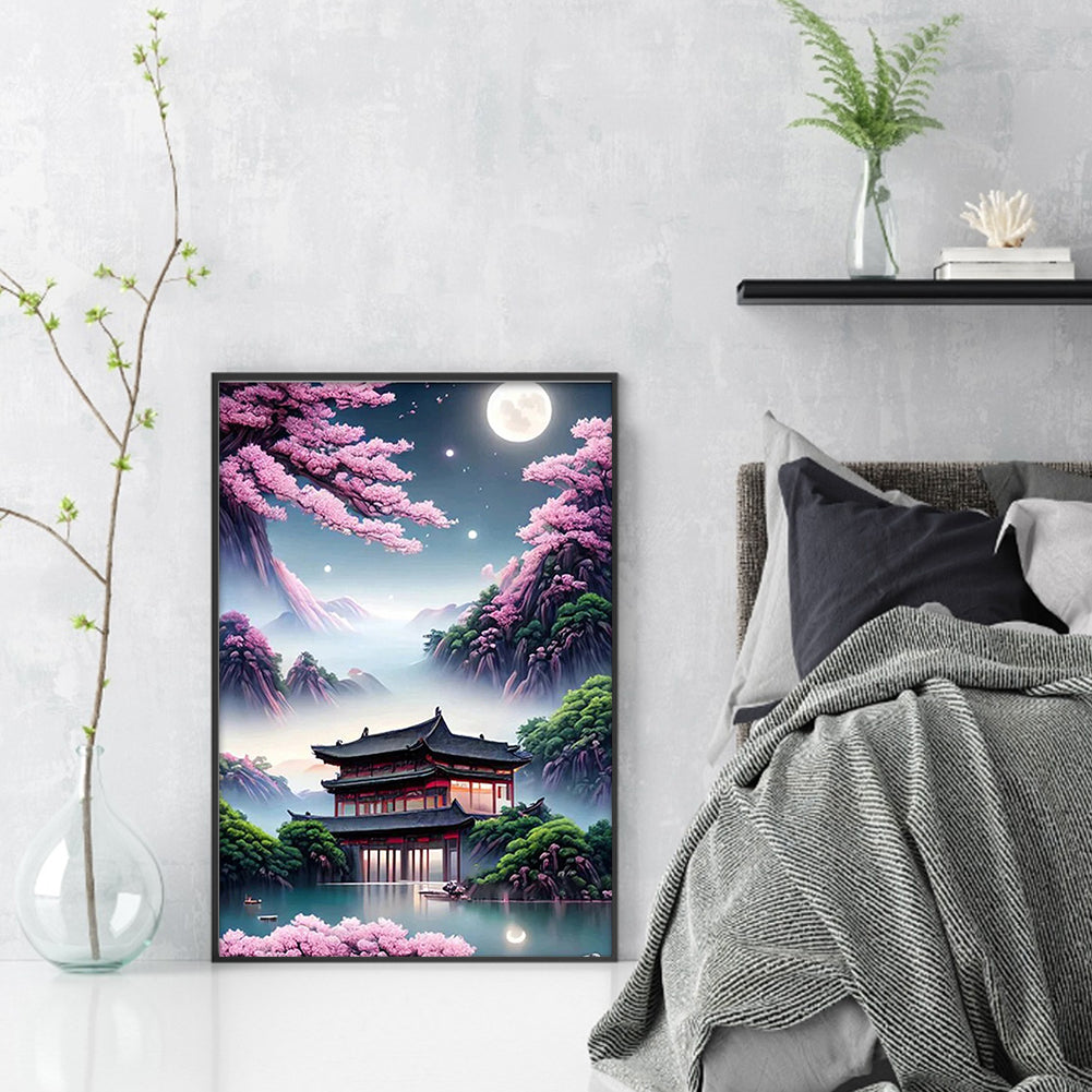 Ancient Style Small House Under Cherry Blossoms - Full 11CT Stamped Cross Stitch 30x43CM - Yishu