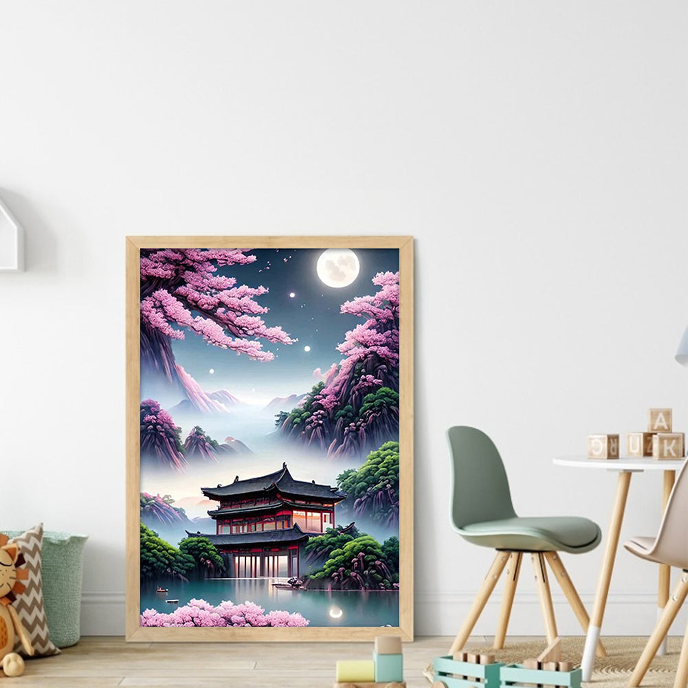 Ancient Style Small House Under Cherry Blossoms - Full 11CT Stamped Cross Stitch 30x43CM - Yishu