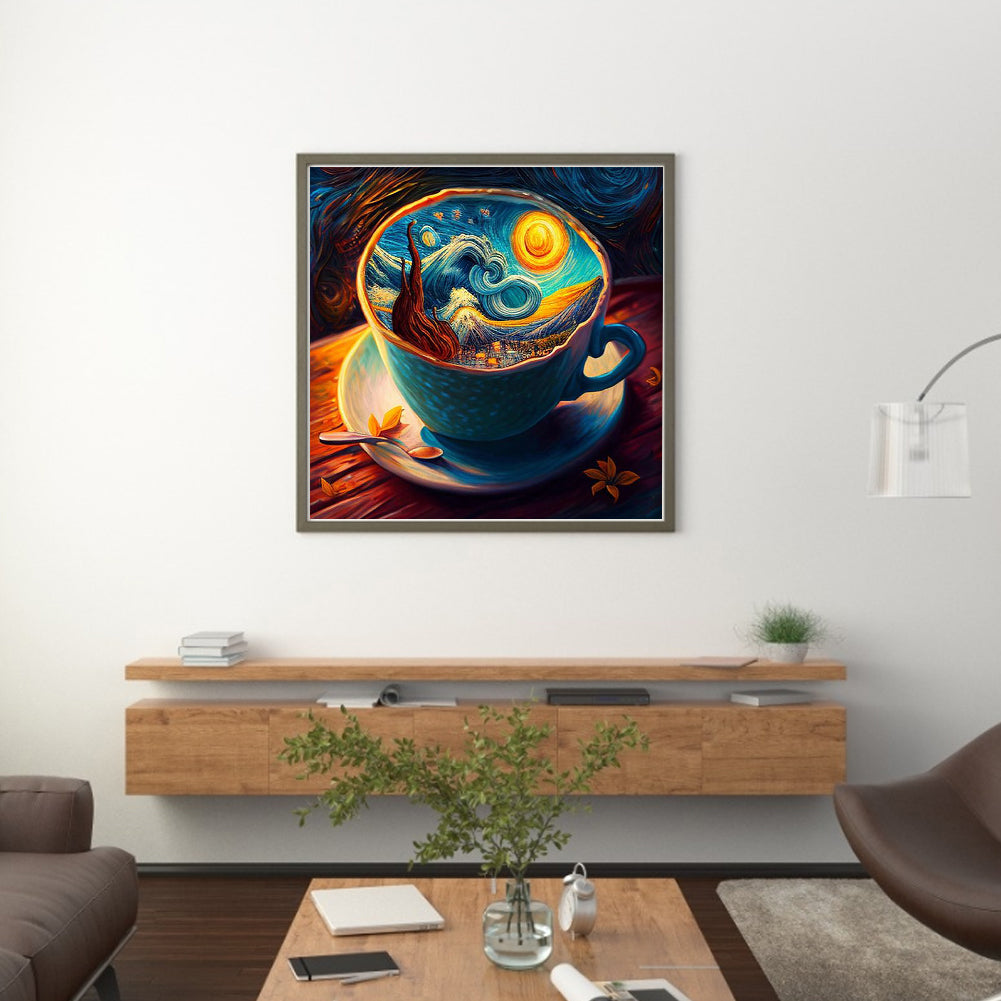 Van Gogh World In Teacup - Full 18CT Stamped Cross Stitch 25x25CM - Huacan