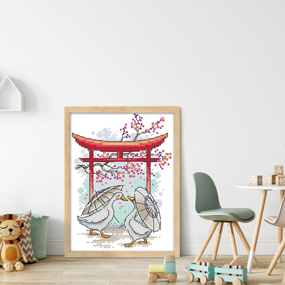 Cherry Blossoms In Bloom - Partial 14CT Stamped Cross Stitch 15x19CM - Joy Sunday Backstitch