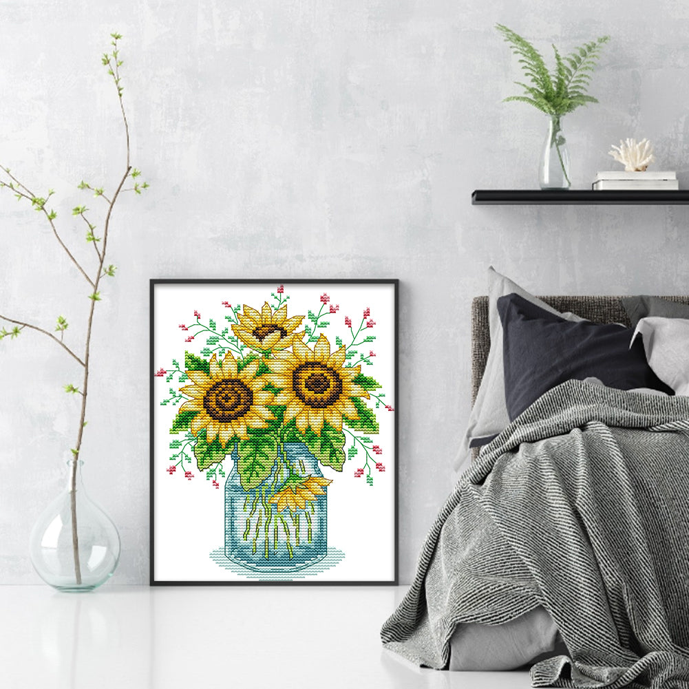 Vase With Sunflowers - Partial 14CT Stamped Cross Stitch 19x26CM - Joy Sunday Backstitch