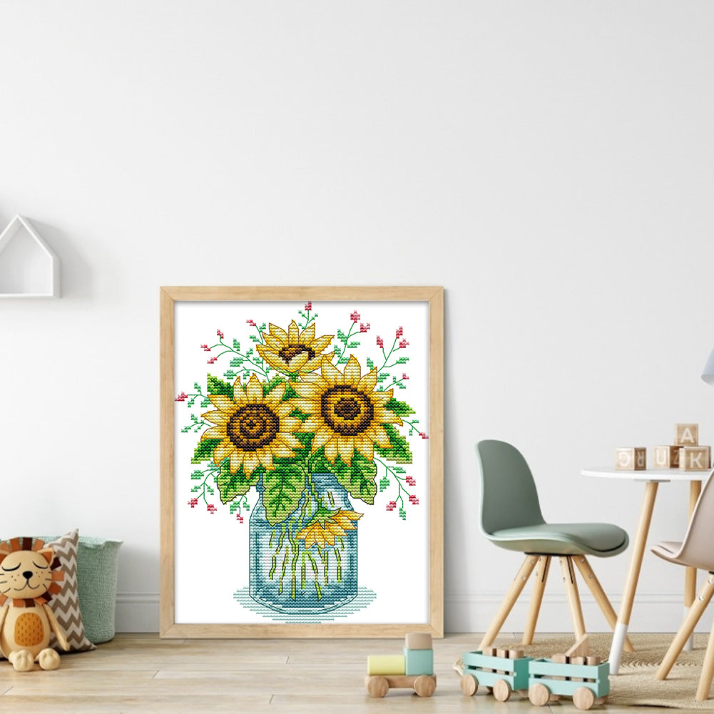 Vase With Sunflowers - Partial 14CT Stamped Cross Stitch 19x26CM - Joy Sunday Backstitch