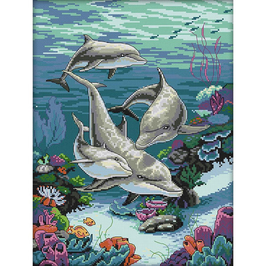 Dolphin - Full 14CT Stamped Cross Stitch 33x44CM - Joy Sunday Backstitch