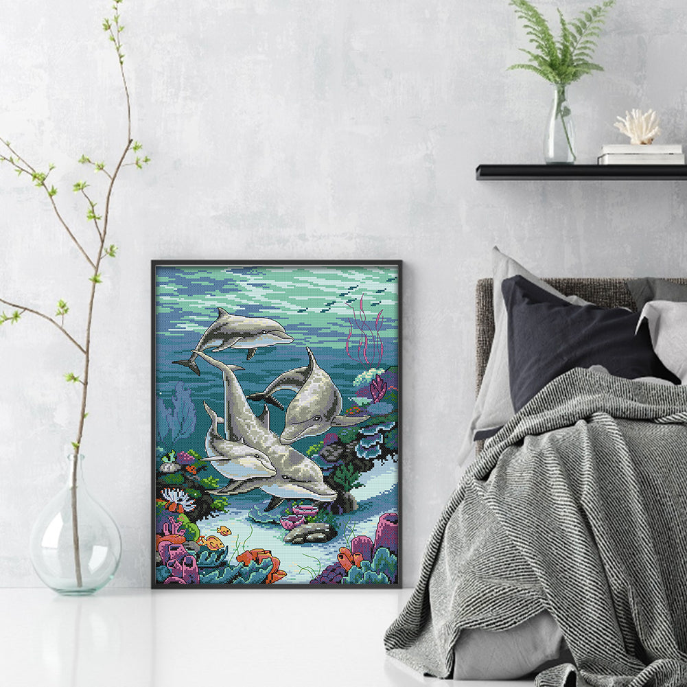 Dolphin - Full 14CT Stamped Cross Stitch 33x44CM - Joy Sunday Backstitch