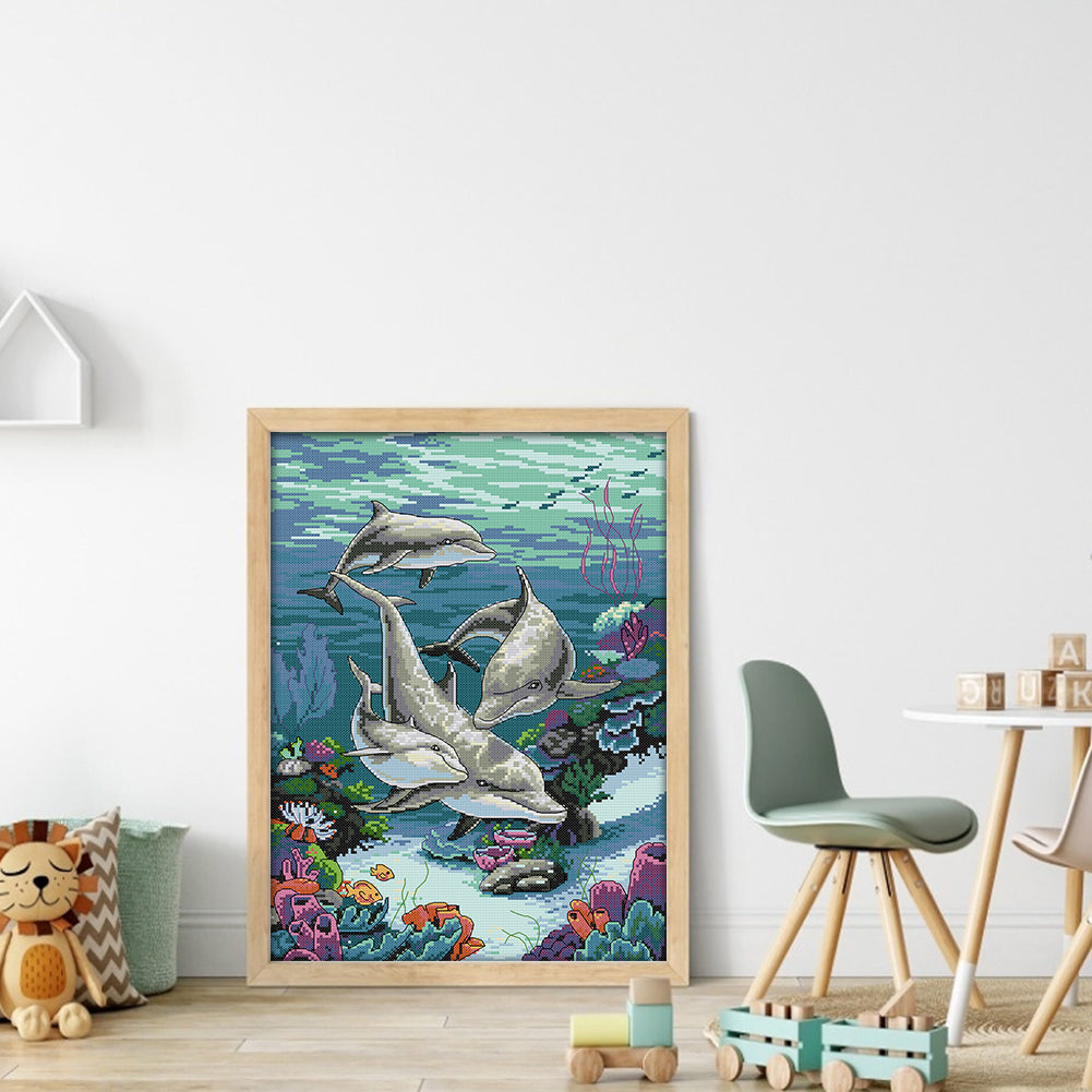 Dolphin - Full 14CT Stamped Cross Stitch 33x44CM - Joy Sunday Backstitch
