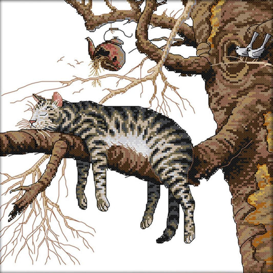 Lazy Cat - Partial 14CT Stamped Cross Stitch 36x36CM - Joy Sunday Backstitch