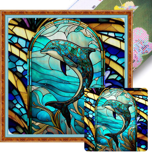 Glass Painting - Dolphin - Full 11CT Stamped Cross Stitch 40x40CM - Huacan