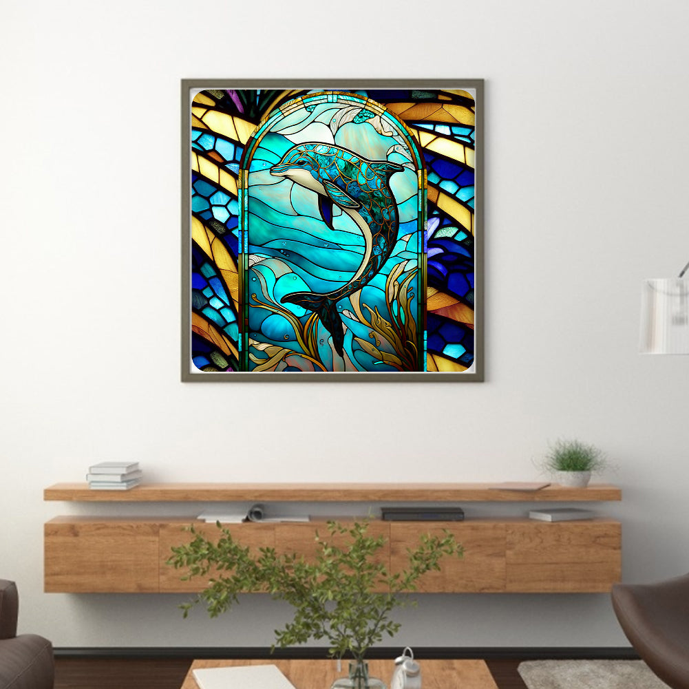 Glass Painting - Dolphin - Full 11CT Stamped Cross Stitch 40x40CM - Huacan