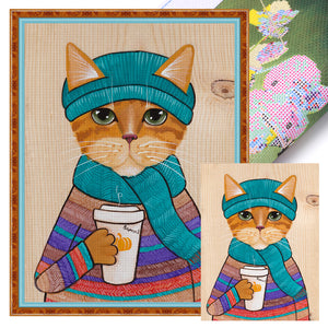 Yishu - Cat Drinking Coffee - 40*53CM 11CT 3 Stamped Cross Stitch