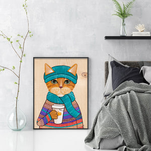 Yishu - Cat Drinking Coffee - 40*53CM 11CT 3 Stamped Cross Stitch