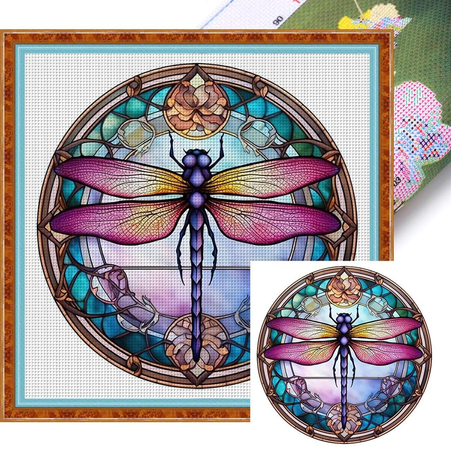 Glass Painting - Dragonfly - Full 18CT Stamped Cross Stitch 20x20CM - Huacan