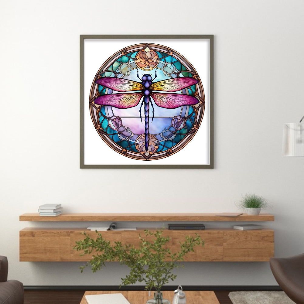 Glass Painting - Dragonfly - Full 18CT Stamped Cross Stitch 20x20CM - Huacan