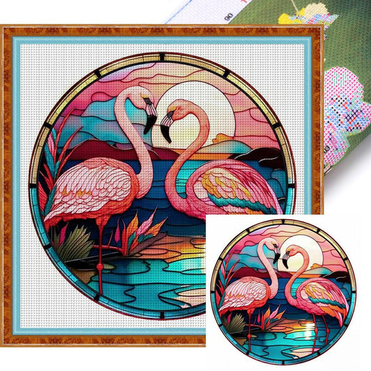 Glass Painting - Flamingo - Full 18CT Stamped Cross Stitch 20x20CM - Huacan