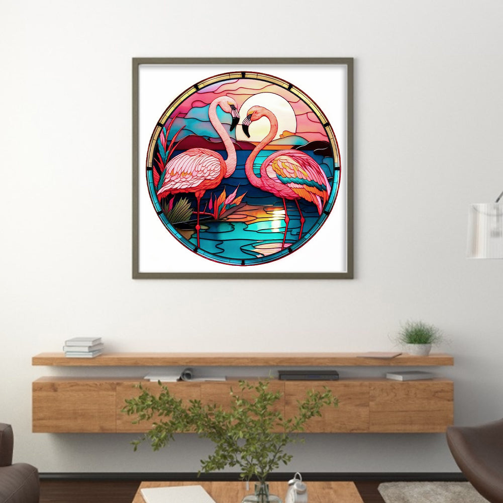 Glass Painting - Flamingo - Full 18CT Stamped Cross Stitch 20x20CM - Huacan