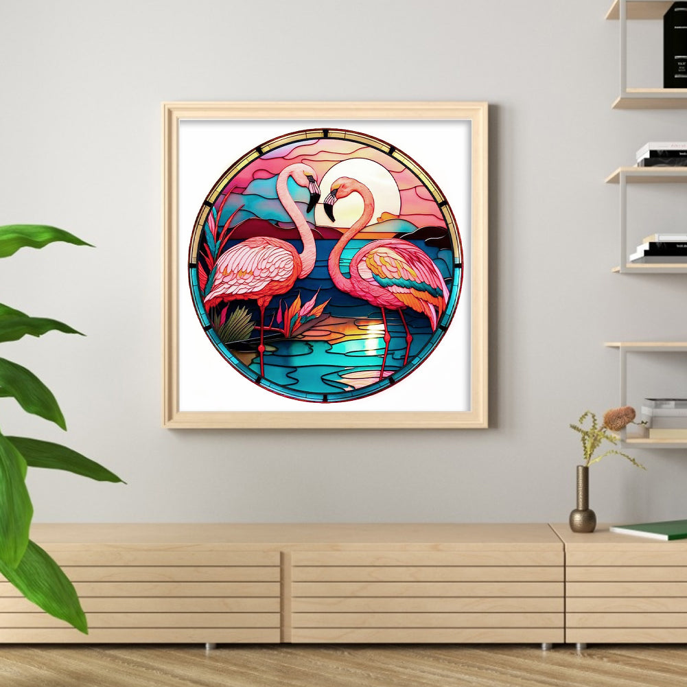 Glass Painting - Flamingo - Full 18CT Stamped Cross Stitch 20x20CM - Huacan