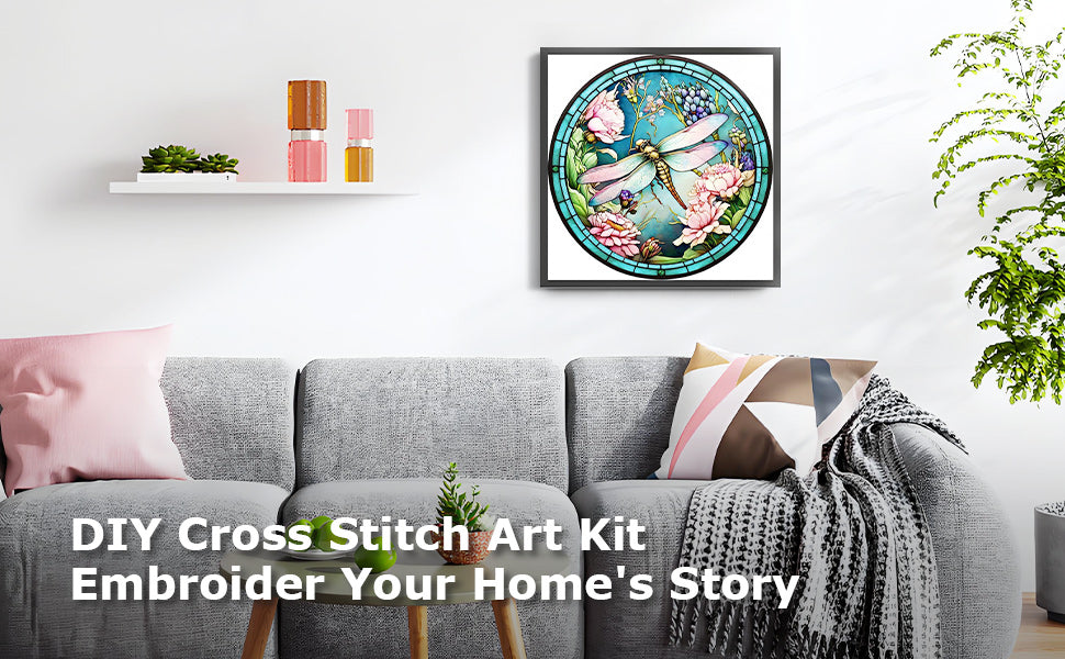 Glass Painting - Dragonfly - Full 18CT Stamped Cross Stitch 20x20CM - Huacan