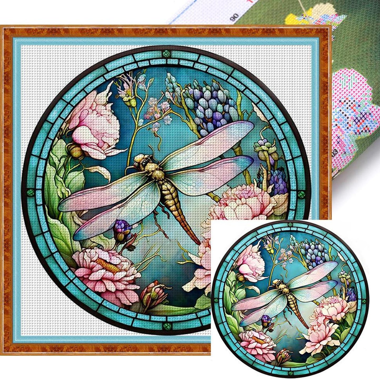 Glass Painting - Dragonfly - Full 18CT Stamped Cross Stitch 20x20CM - Huacan