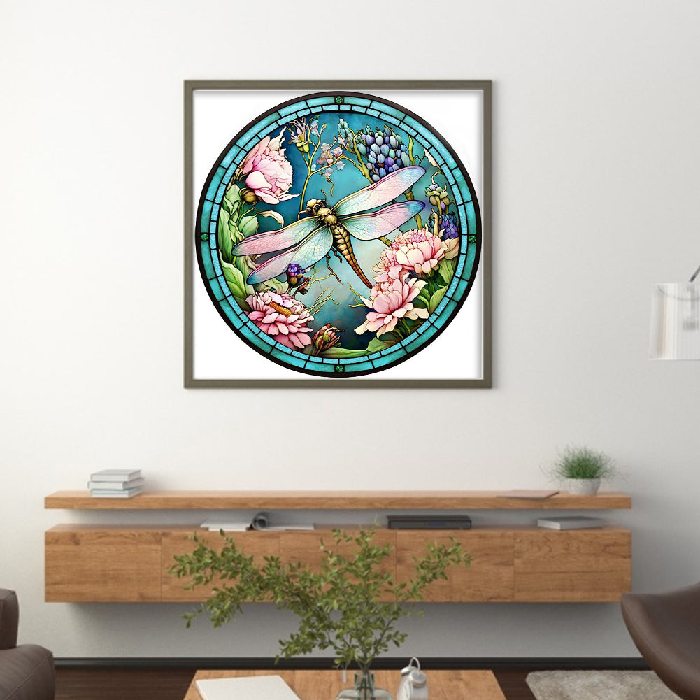 Glass Painting - Dragonfly - Full 18CT Stamped Cross Stitch 20x20CM - Huacan