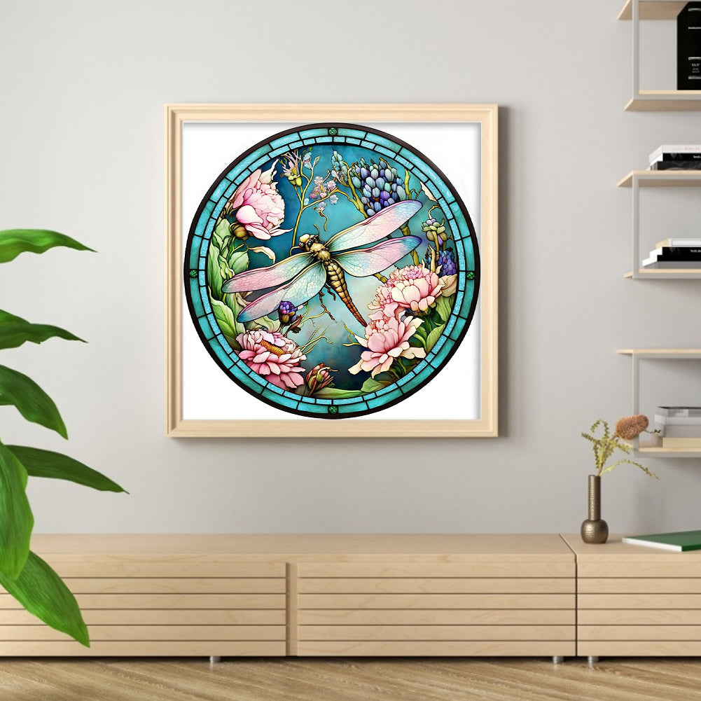 Glass Painting - Dragonfly - Full 18CT Stamped Cross Stitch 20x20CM - Huacan