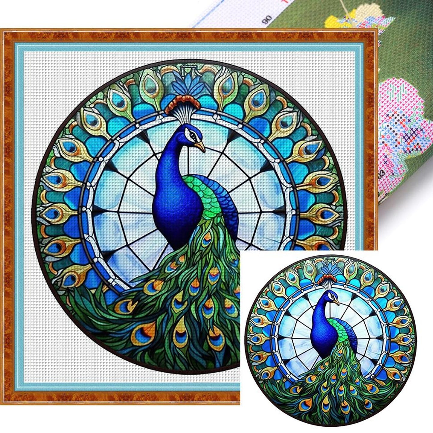 Glass Painting - Peacock - Full 18CT Stamped Cross Stitch 20x20CM - Huacan