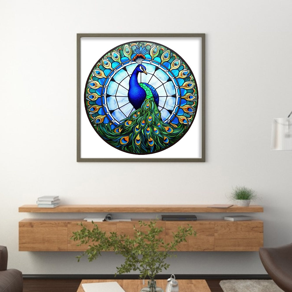 Glass Painting - Peacock - Full 18CT Stamped Cross Stitch 20x20CM - Huacan
