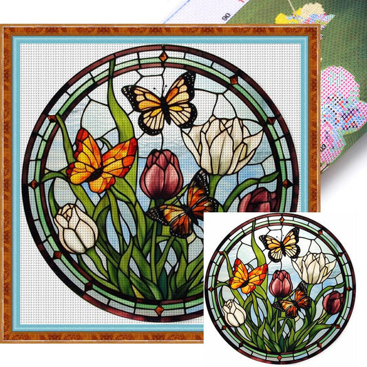 Glass Painting - Butterfly - Full 18CT Stamped Cross Stitch 20x20CM - Huacan