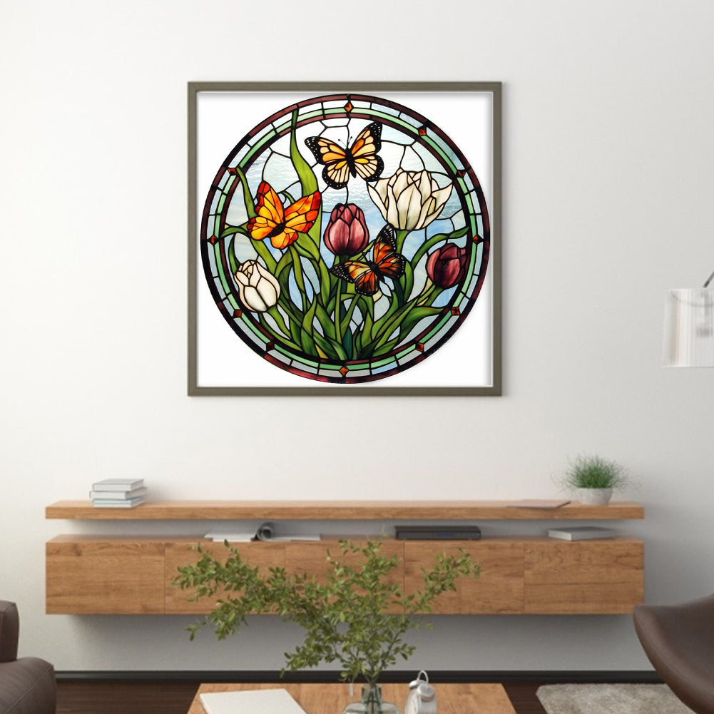 Glass Painting - Butterfly - Full 18CT Stamped Cross Stitch 20x20CM - Huacan