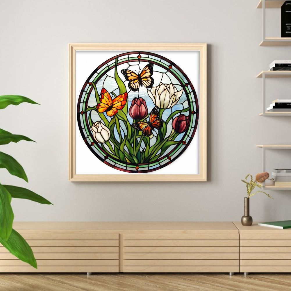 Glass Painting - Butterfly - Full 18CT Stamped Cross Stitch 20x20CM - Huacan