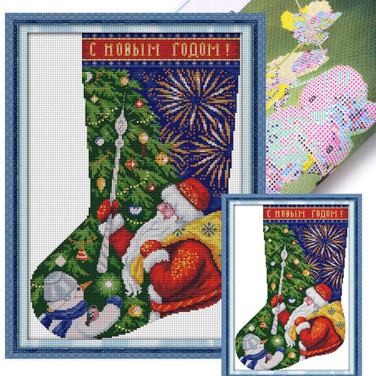 Santa Claus On Christmas Stocking - Partial 16CT Stamped Cross Stitch 27x37CM - Joy Sunday Backstitch