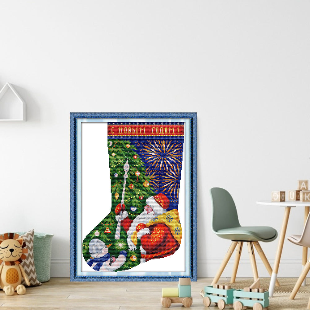 Santa Claus On Christmas Stocking - Partial 16CT Stamped Cross Stitch 27x37CM - Joy Sunday Backstitch