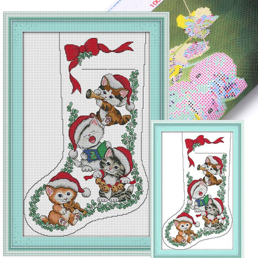 Kitten Christmas Stocking - Partial 16CT Stamped Cross Stitch 30x43CM - Joy Sunday Backstitch