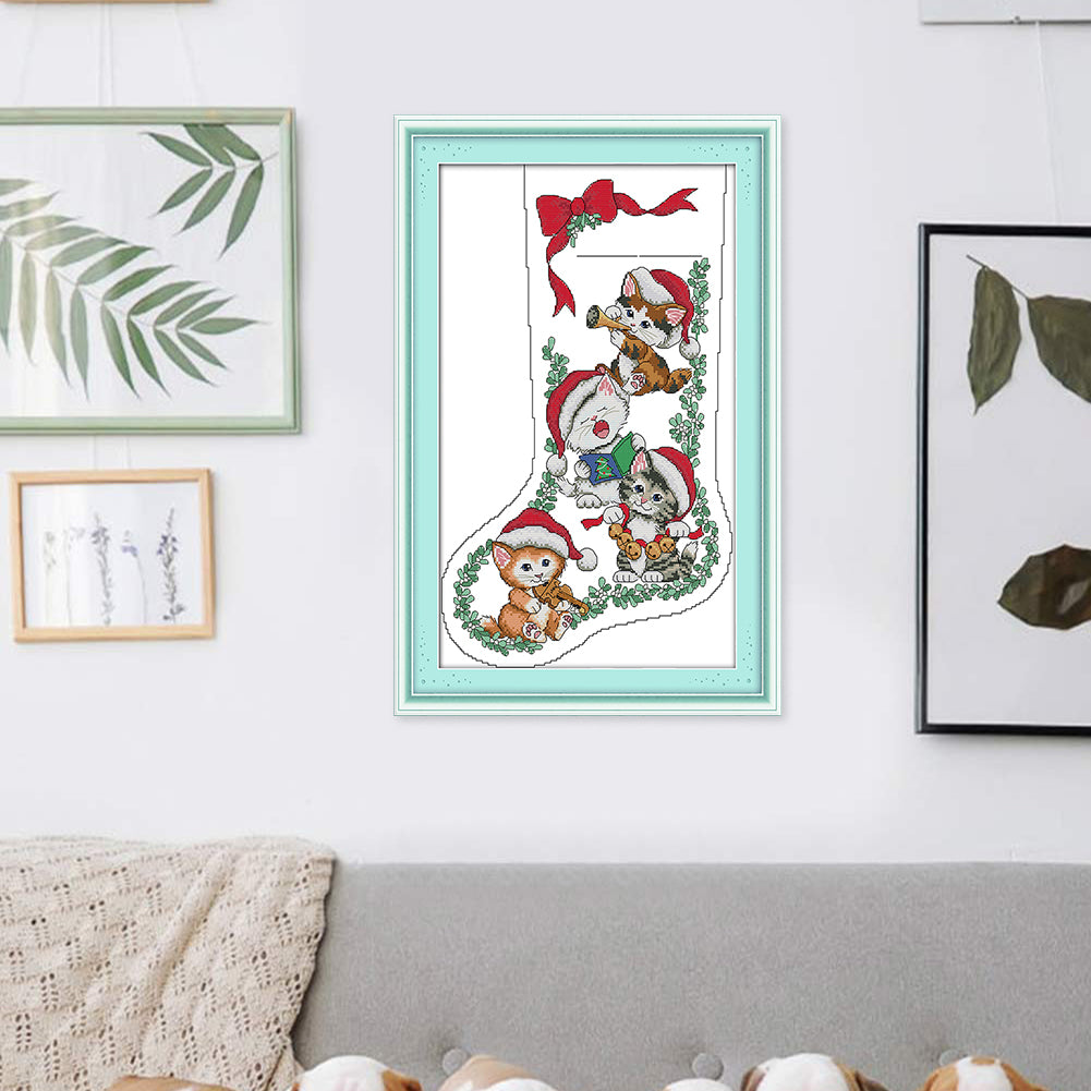 Kitten Christmas Stocking - Partial 16CT Stamped Cross Stitch 30x43CM - Joy Sunday Backstitch