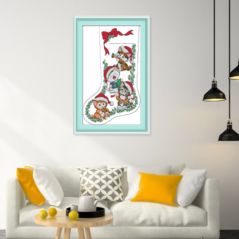 Kitten Christmas Stocking - Partial 16CT Stamped Cross Stitch 30x43CM - Joy Sunday Backstitch