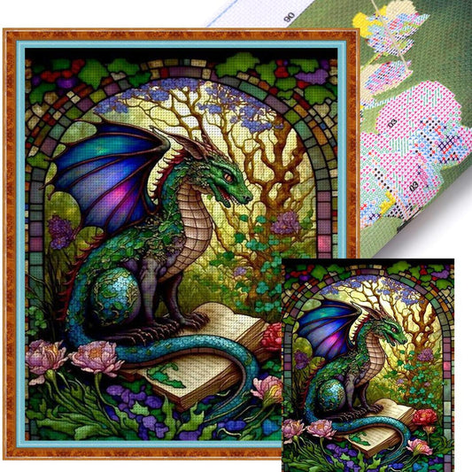 Glass Painting - Reading Pterosaur - Full 14CT Stamped Cross Stitch 45x55CM - Huacan